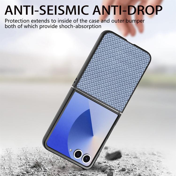 Funda trasera de cuero con textura de fibra de carbono para Samsung Galaxy Z Flip 7 5G (azul)