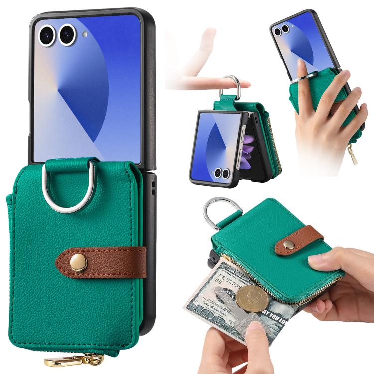 Funda tipo cartera con cremallera vertical y anillo con textura de lichi para Samsung Galaxy Z Flip7 5G (verde)