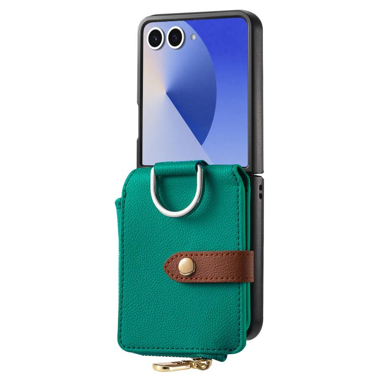 Funda tipo cartera con cremallera vertical y anillo con textura de lichi para Samsung Galaxy Z Flip7 5G (verde)