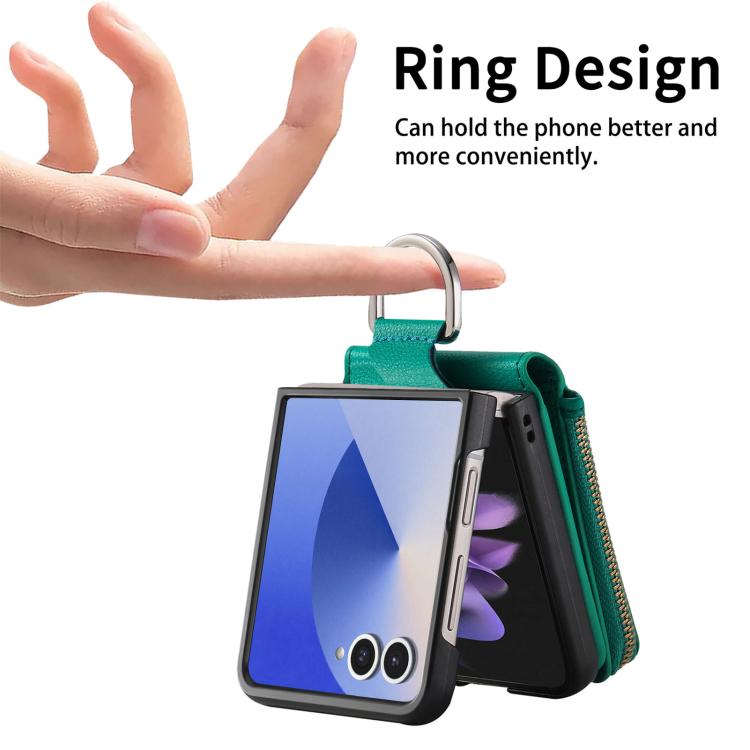Funda tipo cartera con cremallera vertical y anillo con textura de lichi para Samsung Galaxy Z Flip7 5G (verde)