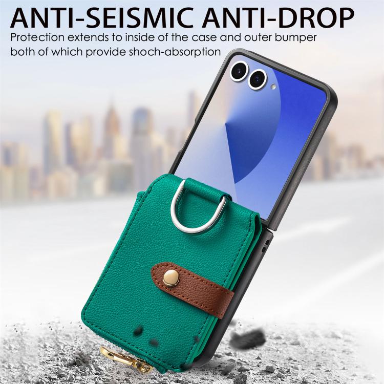 Funda tipo cartera con cremallera vertical y anillo con textura de lichi para Samsung Galaxy Z Flip7 5G (verde)