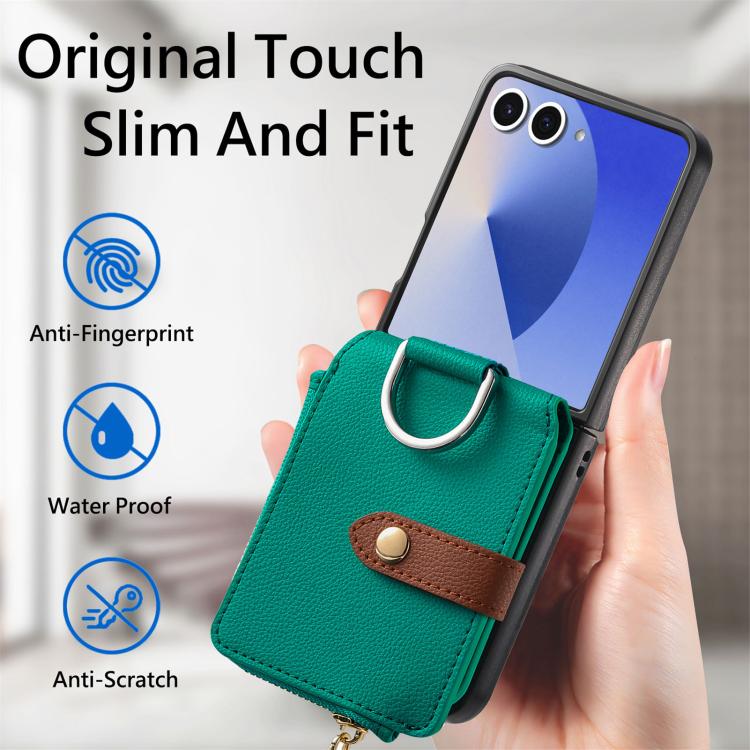 Funda tipo cartera con cremallera vertical y anillo con textura de lichi para Samsung Galaxy Z Flip7 5G (verde)
