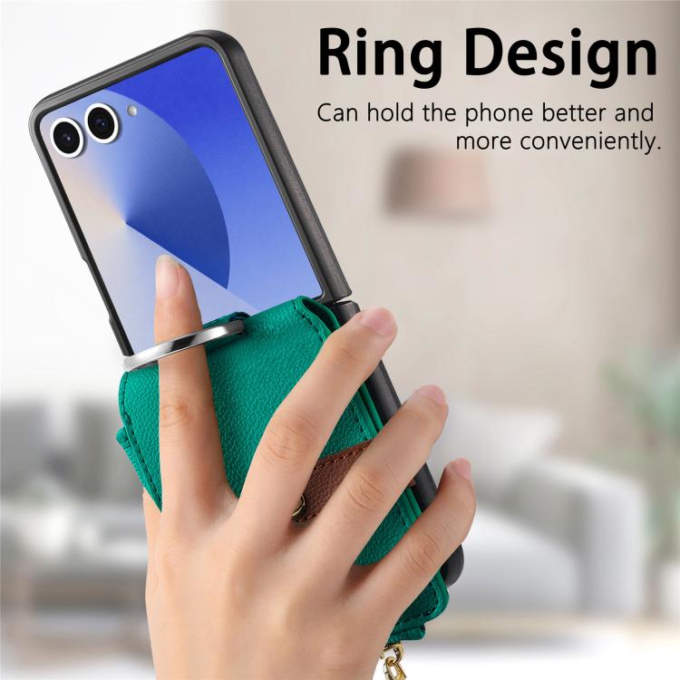 Funda tipo cartera con cremallera vertical y anillo con textura de lichi para Samsung Galaxy Z Flip7 5G (verde)