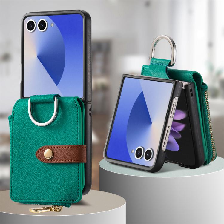 Funda tipo cartera con cremallera vertical y anillo con textura de lichi para Samsung Galaxy Z Flip7 5G (verde)