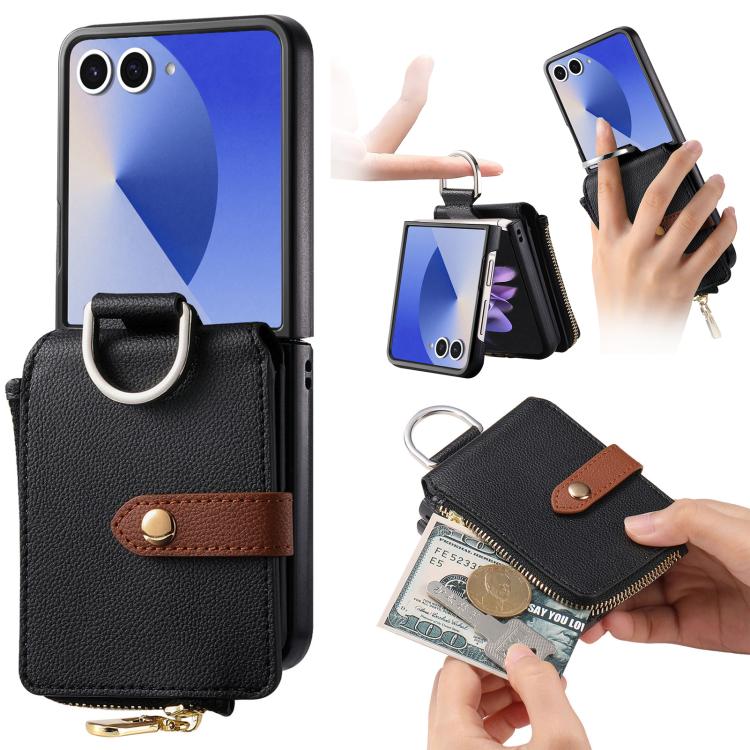 Funda tipo cartera con cremallera vertical y anillo con textura de lichi para Samsung Galaxy Z Flip7 5G (negra)