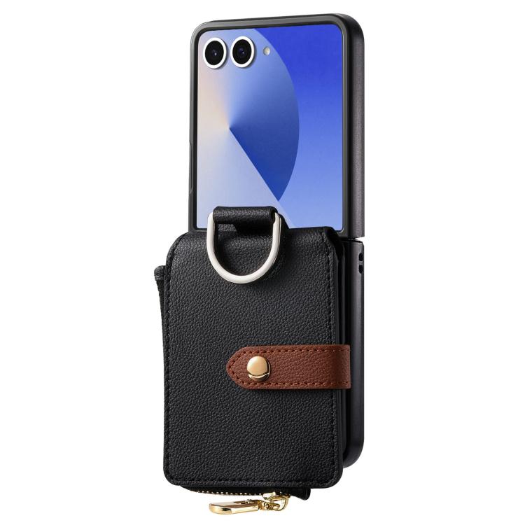 Funda tipo cartera con cremallera vertical y anillo con textura de lichi para Samsung Galaxy Z Flip7 5G (negra)