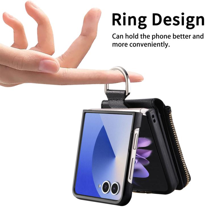 Funda tipo cartera con cremallera vertical y anillo con textura de lichi para Samsung Galaxy Z Flip7 5G (negra)