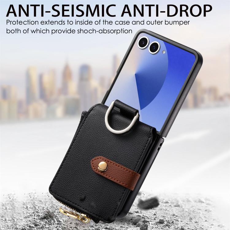 Funda tipo cartera con cremallera vertical y anillo con textura de lichi para Samsung Galaxy Z Flip7 5G (negra)