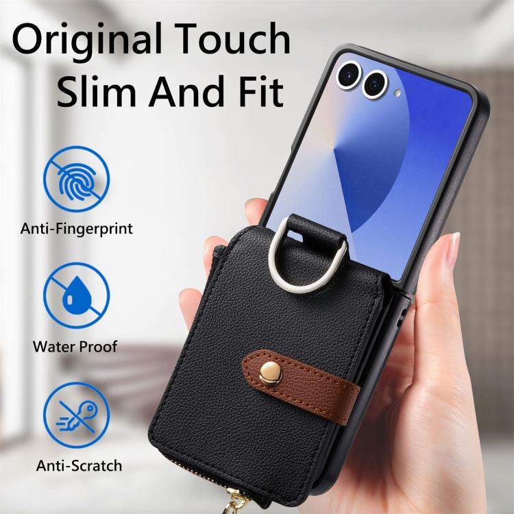 Funda tipo cartera con cremallera vertical y anillo con textura de lichi para Samsung Galaxy Z Flip7 5G (negra)