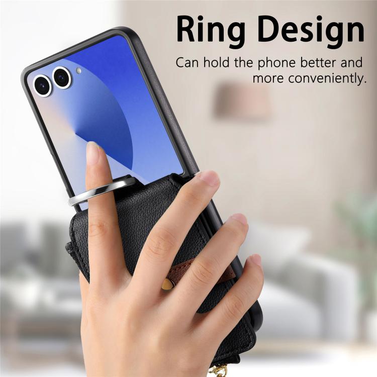 Funda tipo cartera con cremallera vertical y anillo con textura de lichi para Samsung Galaxy Z Flip7 5G (negra)