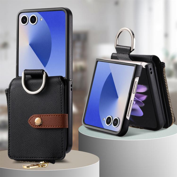 Funda tipo cartera con cremallera vertical y anillo con textura de lichi para Samsung Galaxy Z Flip7 5G (negra)