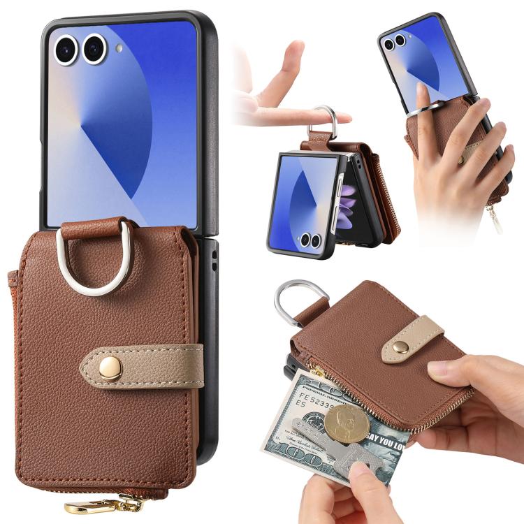 Funda tipo cartera con cremallera vertical y anillo con textura de lichi para Samsung Galaxy Z Flip7 5G (marrón)