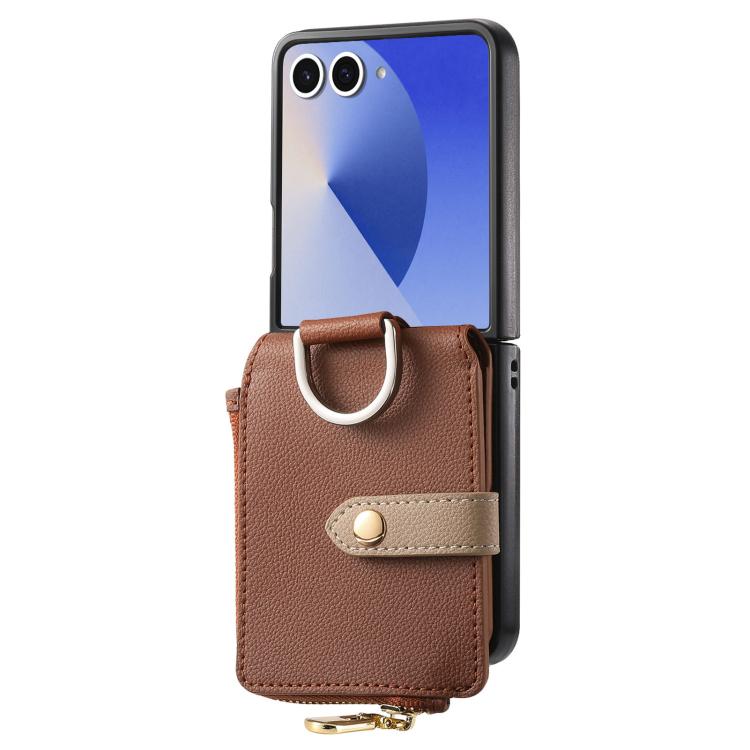 Funda tipo cartera con cremallera vertical y anillo con textura de lichi para Samsung Galaxy Z Flip7 5G (marrón)