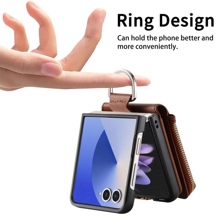 Funda tipo cartera con cremallera vertical y anillo con textura de lichi para Samsung Galaxy Z Flip7 5G (marrón)