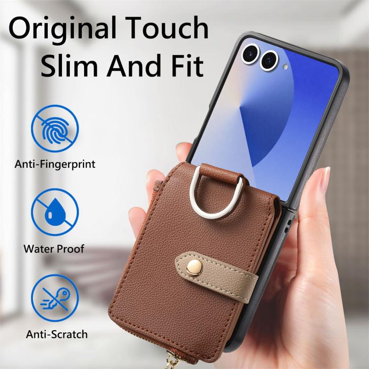 Funda tipo cartera con cremallera vertical y anillo con textura de lichi para Samsung Galaxy Z Flip7 5G (marrón)