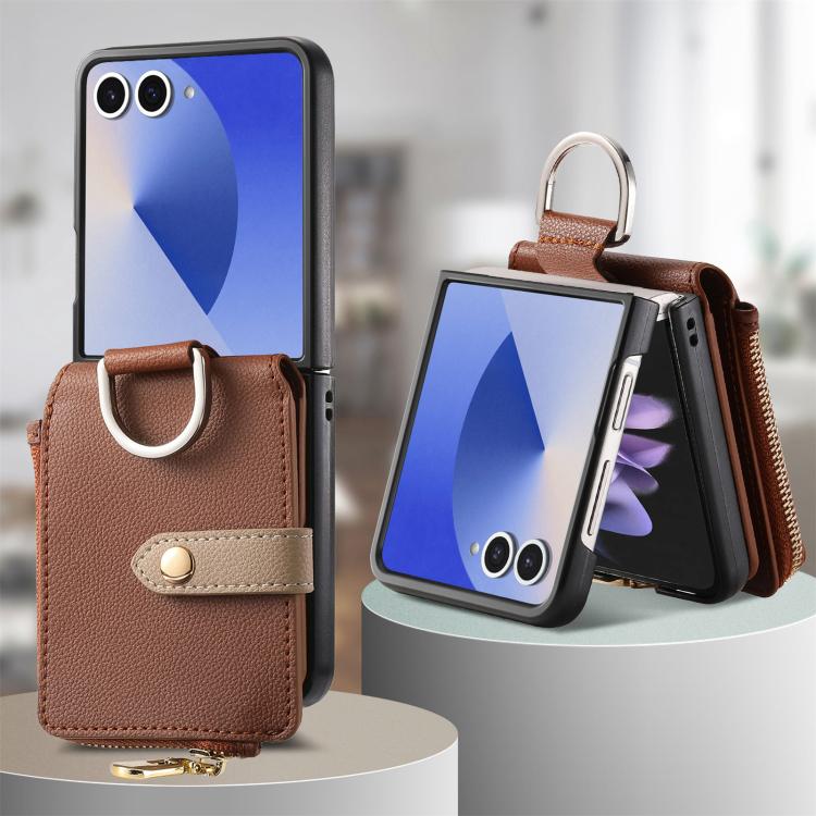 Funda tipo cartera con cremallera vertical y anillo con textura de lichi para Samsung Galaxy Z Flip7 5G (marrón)