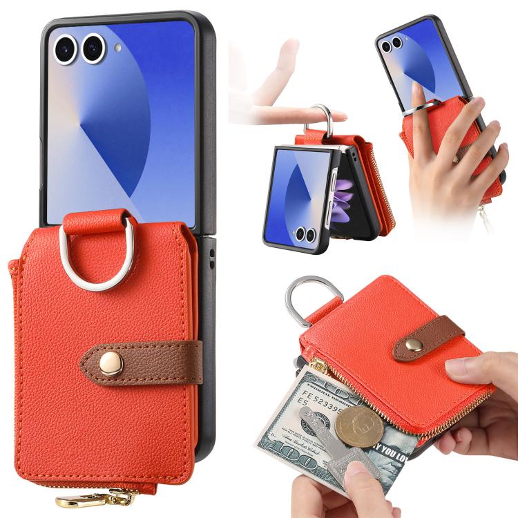 Funda tipo cartera con cremallera vertical y anillo con textura de lichi para Samsung Galaxy Z Flip7 5G (naranja)