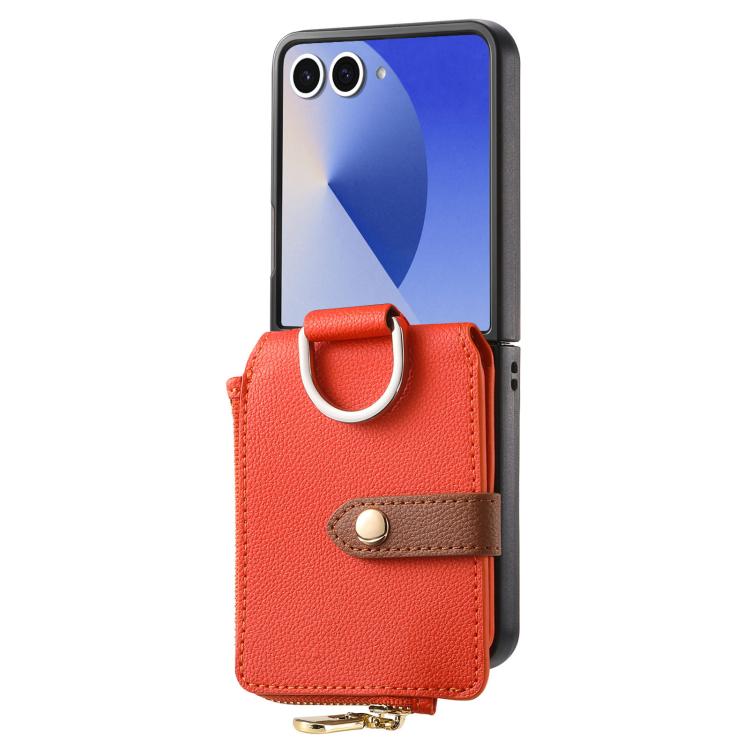 Funda tipo cartera con cremallera vertical y anillo con textura de lichi para Samsung Galaxy Z Flip7 5G (naranja)