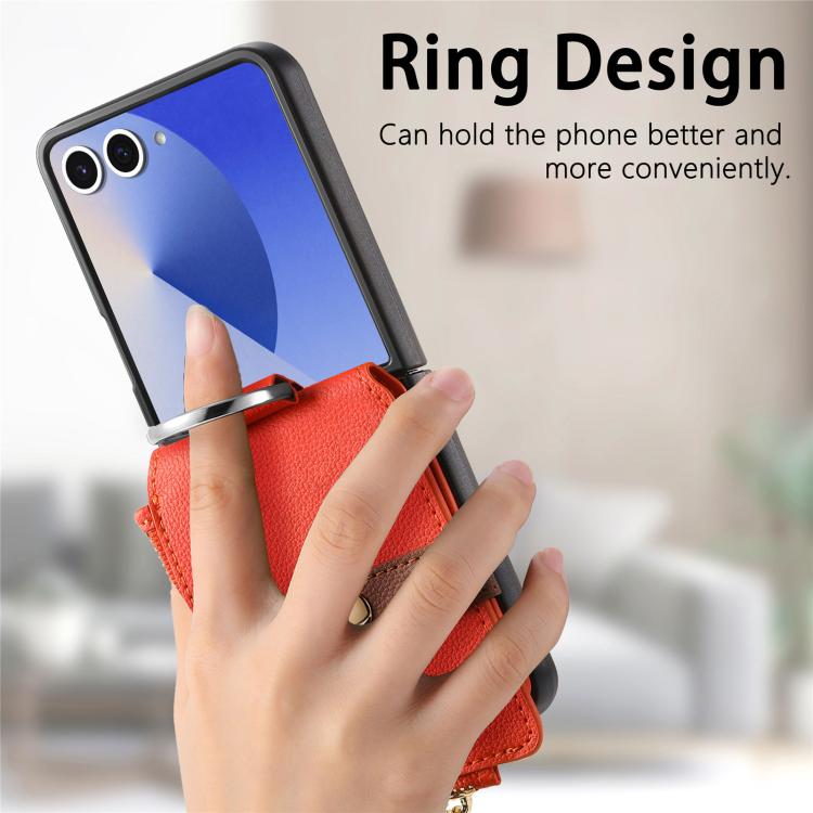 Funda tipo cartera con cremallera vertical y anillo con textura de lichi para Samsung Galaxy Z Flip7 5G (naranja)