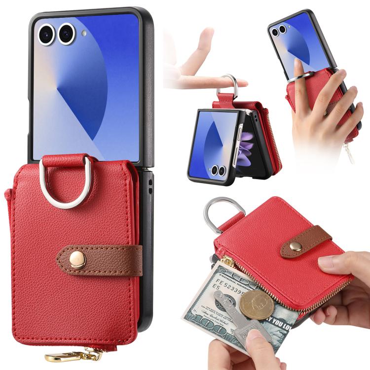 Funda tipo cartera con cremallera vertical y anillo con textura de lichi para Samsung Galaxy Z Flip7 5G (roja)