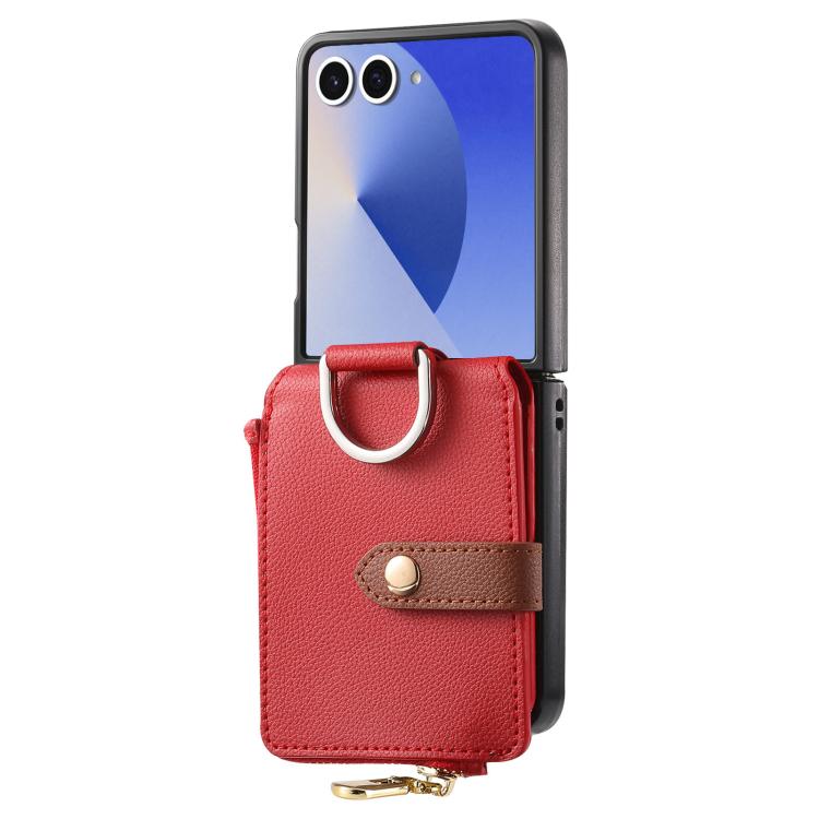 Funda tipo cartera con cremallera vertical y anillo con textura de lichi para Samsung Galaxy Z Flip7 5G (roja)