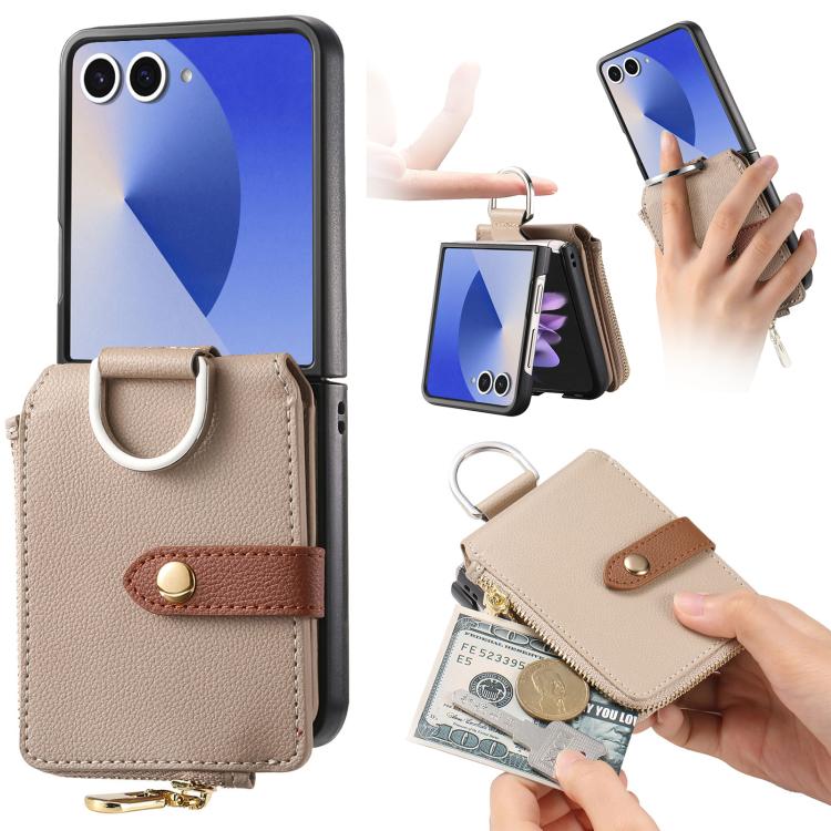 Funda tipo cartera con cremallera vertical y anillo con textura de lichi para Samsung Galaxy Z Flip7 5G (caqui)