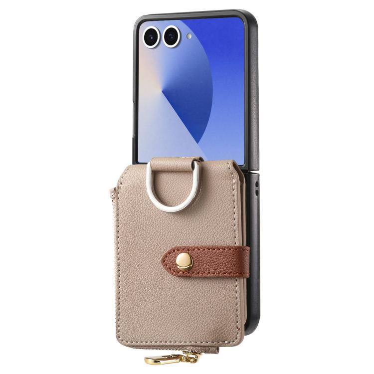 Funda tipo cartera con cremallera vertical y anillo con textura de lichi para Samsung Galaxy Z Flip7 5G (caqui)