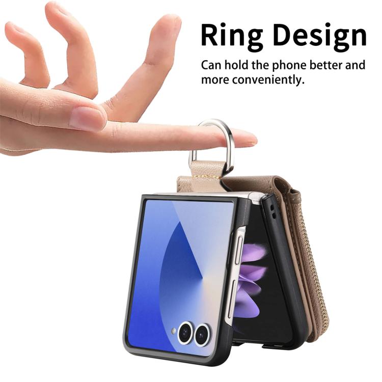 Funda tipo cartera con cremallera vertical y anillo con textura de lichi para Samsung Galaxy Z Flip7 5G (caqui)