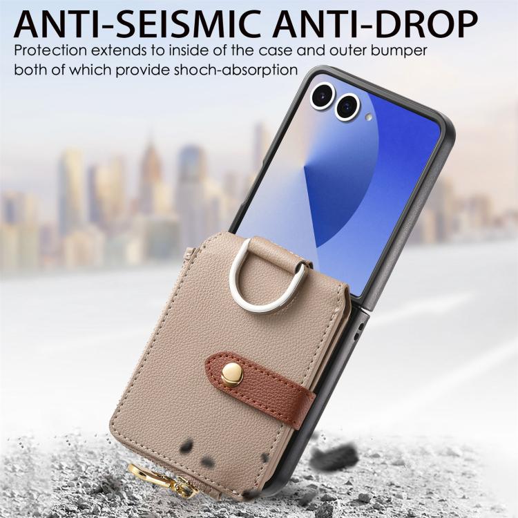 Funda tipo cartera con cremallera vertical y anillo con textura de lichi para Samsung Galaxy Z Flip7 5G (caqui)