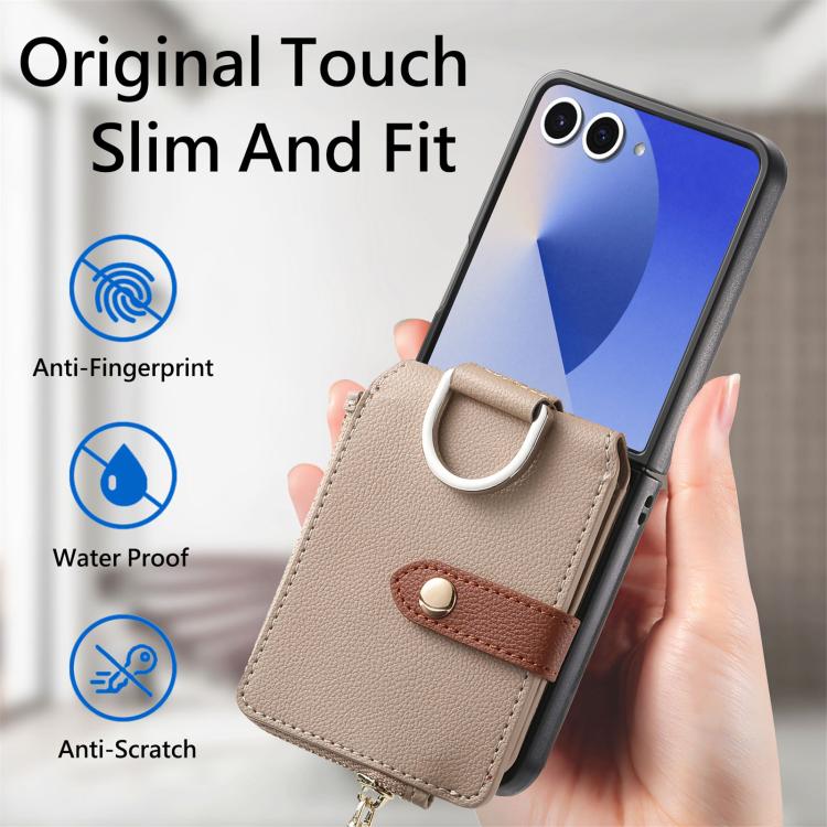 Funda tipo cartera con cremallera vertical y anillo con textura de lichi para Samsung Galaxy Z Flip7 5G (caqui)
