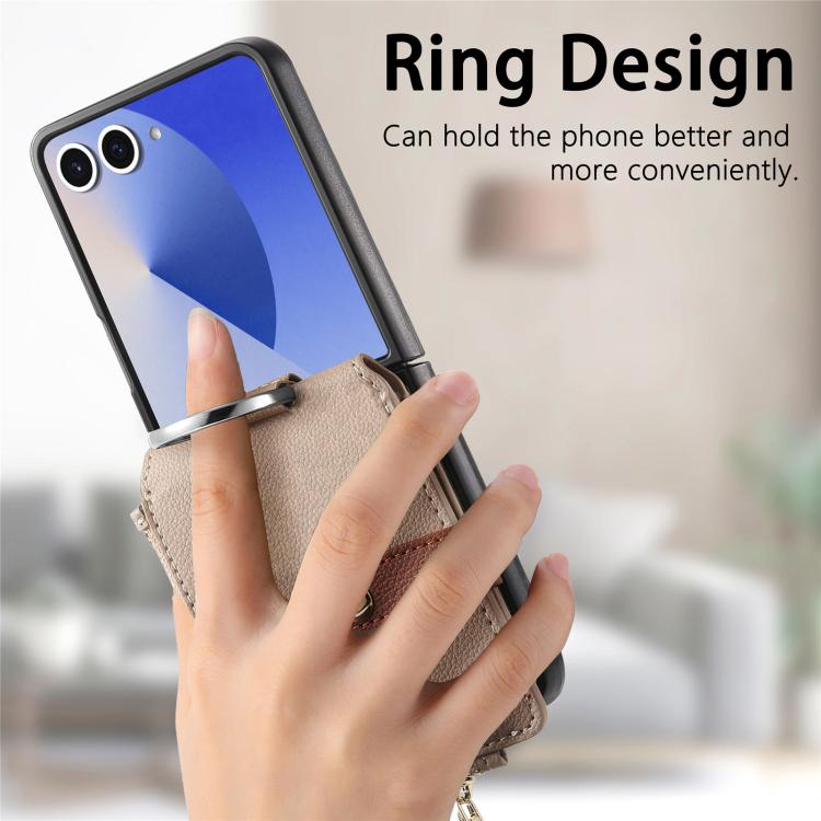 Funda tipo cartera con cremallera vertical y anillo con textura de lichi para Samsung Galaxy Z Flip7 5G (caqui)