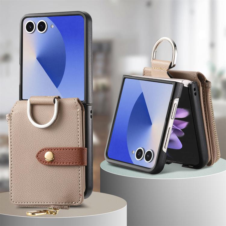 Funda tipo cartera con cremallera vertical y anillo con textura de lichi para Samsung Galaxy Z Flip7 5G (caqui)