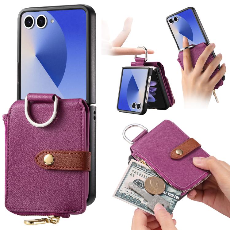 Funda tipo cartera con cremallera vertical y anillo con textura de lichi para Samsung Galaxy Z Flip7 5G (morado)