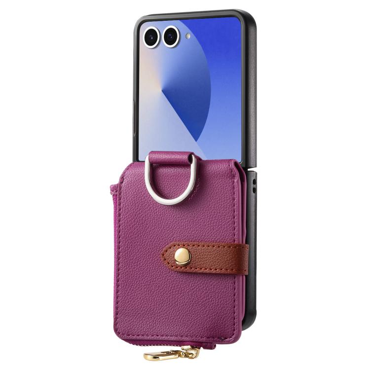 Funda tipo cartera con cremallera vertical y anillo con textura de lichi para Samsung Galaxy Z Flip7 5G (morado)