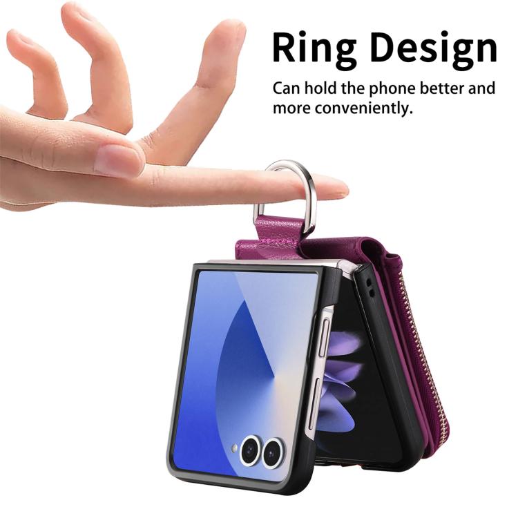 Funda tipo cartera con cremallera vertical y anillo con textura de lichi para Samsung Galaxy Z Flip7 5G (morado)