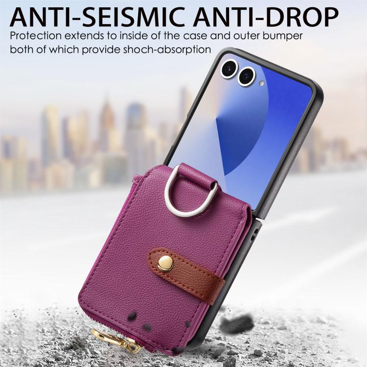 Funda tipo cartera con cremallera vertical y anillo con textura de lichi para Samsung Galaxy Z Flip7 5G (morado)