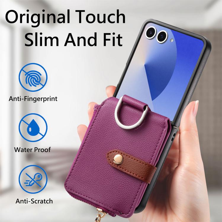 Funda tipo cartera con cremallera vertical y anillo con textura de lichi para Samsung Galaxy Z Flip7 5G (morado)