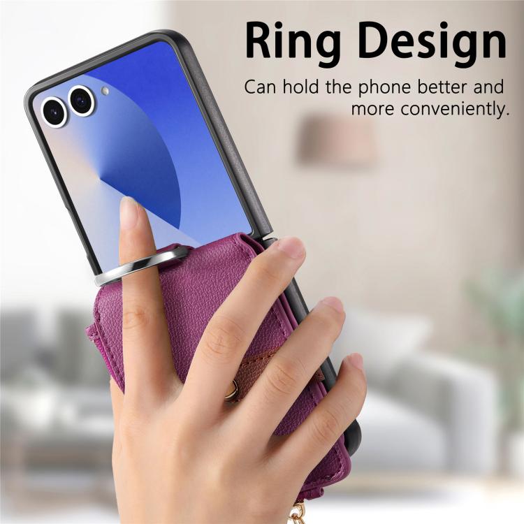 Funda tipo cartera con cremallera vertical y anillo con textura de lichi para Samsung Galaxy Z Flip7 5G (morado)