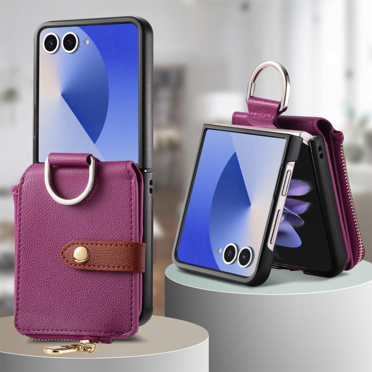 Funda tipo cartera con cremallera vertical y anillo con textura de lichi para Samsung Galaxy Z Flip7 5G (morado)