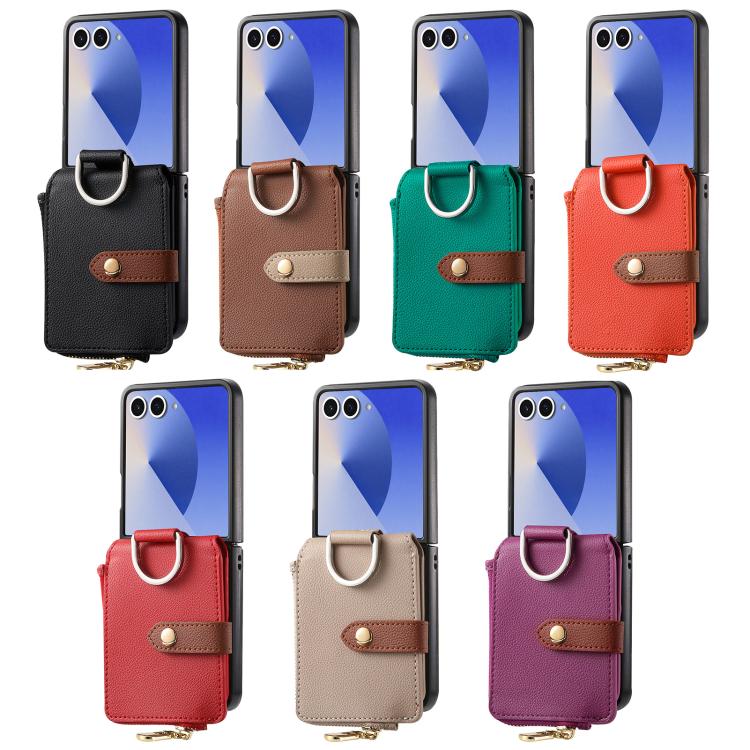 Funda tipo cartera con cremallera vertical y anillo con textura de lichi para Samsung Galaxy Z Flip7 5G (negra)