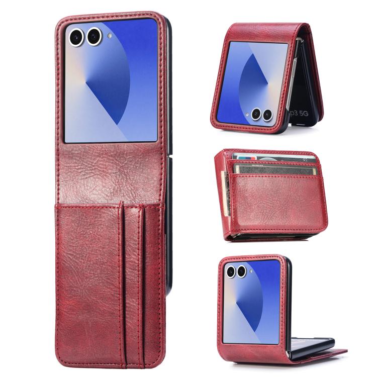 Funda de cuero con ranura para tarjetas y tapa vertical para Samsung Galaxy Z Flip7 5G (roja)
