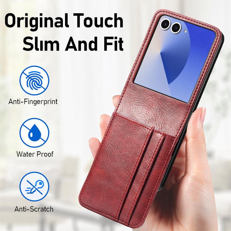 Funda de cuero con ranura para tarjetas y tapa vertical para Samsung Galaxy Z Flip7 5G (roja)