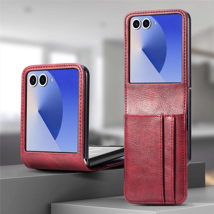 Funda de cuero con ranura para tarjetas y tapa vertical para Samsung Galaxy Z Flip7 5G (roja)