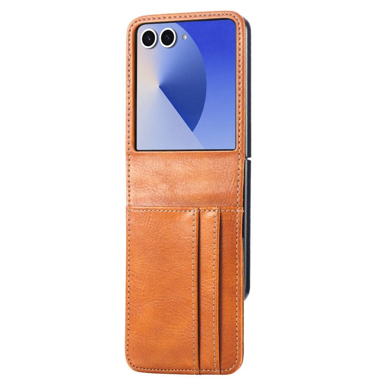 Funda de cuero con ranura para tarjetas y tapa vertical para Samsung Galaxy Z Flip7 5G (marrón)