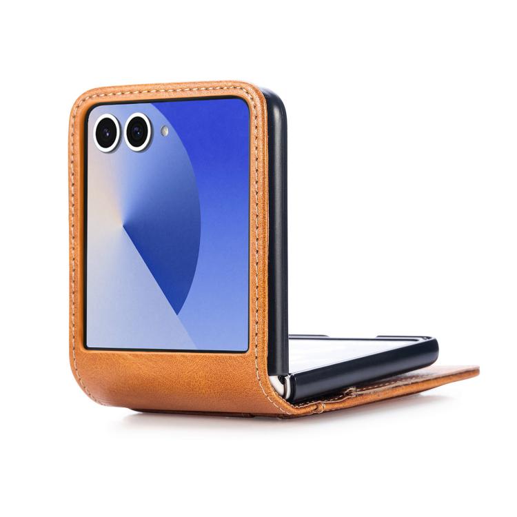Funda de cuero con ranura para tarjetas y tapa vertical para Samsung Galaxy Z Flip7 5G (marrón)