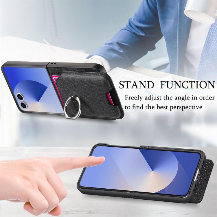 Funda magnética con anillo para Samsung Galaxy Z Flip7 5G, de tela sarga, color negro