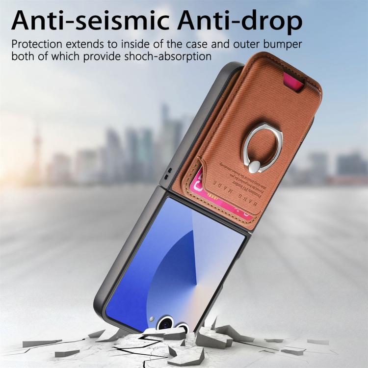 Funda de tela sarga con anillo magnético para Samsung Galaxy Z Flip7 5G (marrón)