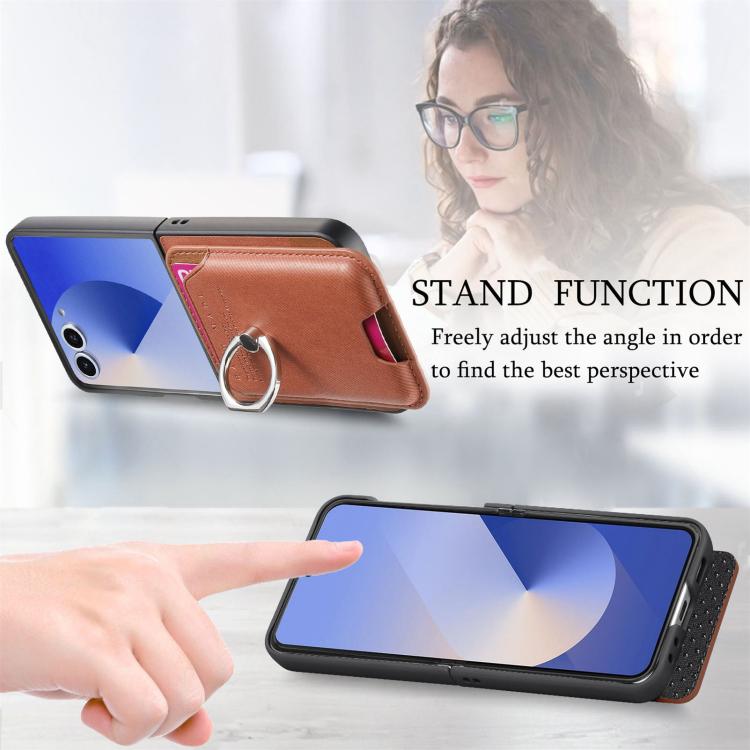 Funda de tela sarga con anillo magnético para Samsung Galaxy Z Flip7 5G (marrón)