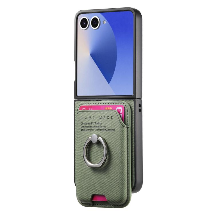 Funda magnética con anillo para Samsung Galaxy Z Flip7 5G, de tela sarga y tarjetero (verde)