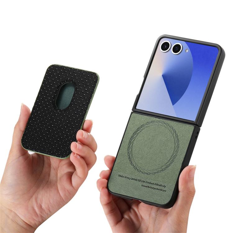 Funda magnética con anillo para Samsung Galaxy Z Flip7 5G, de tela sarga y tarjetero (verde)